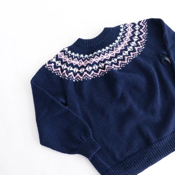 Vintage Navy Chunky Knit Cowichan Fair Isle Fisherman Sweater Cabincore S - Picture 8 of 12